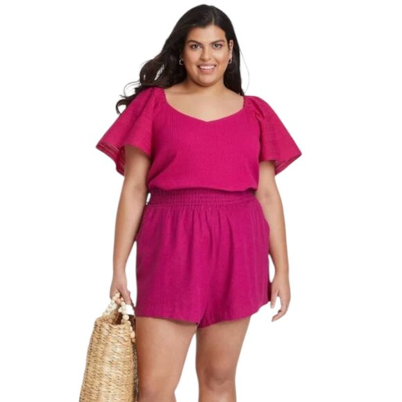 Ava & Viv Plus Size Magenta Flutter Ribbed Blouse - Picture 1 of 7